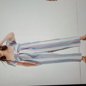 MADEWELL CAP SLEEVE STRIPED LINEN BLEND TIE ACCENT WIDE LEG JUMPSUIT 4
